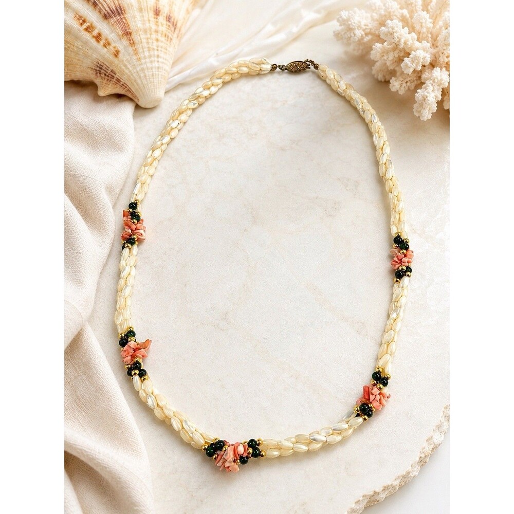Vintage 1960s Mother Of Pearl Coral Chip Necklace Double Strand Shell Beaded 24"